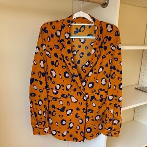 Mustard Animal-Print Open-Front Blazer with Navy & Cream Spots